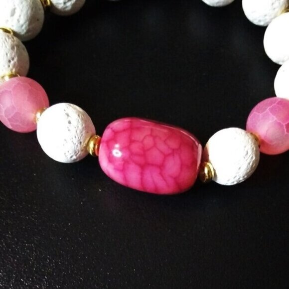 White Lava Rock Beads + Pink Dragonvein Agate ~ Petite Chunky Stretch Bracelet - Picture 2 of 8